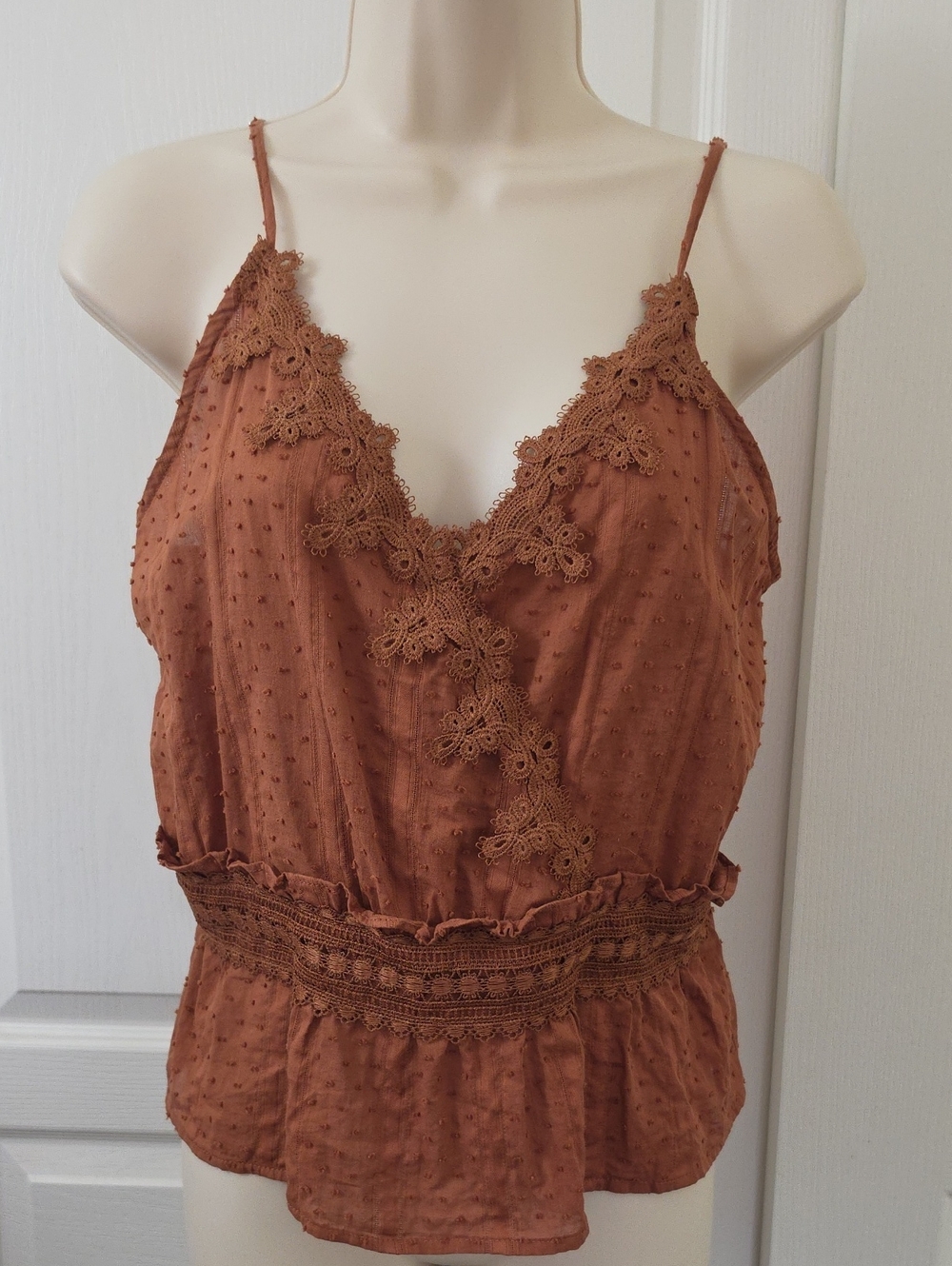 Sweet Wanderer | Babydoll V-Neck Crochet Lace Peplum Tank Top Rust Brown Size L